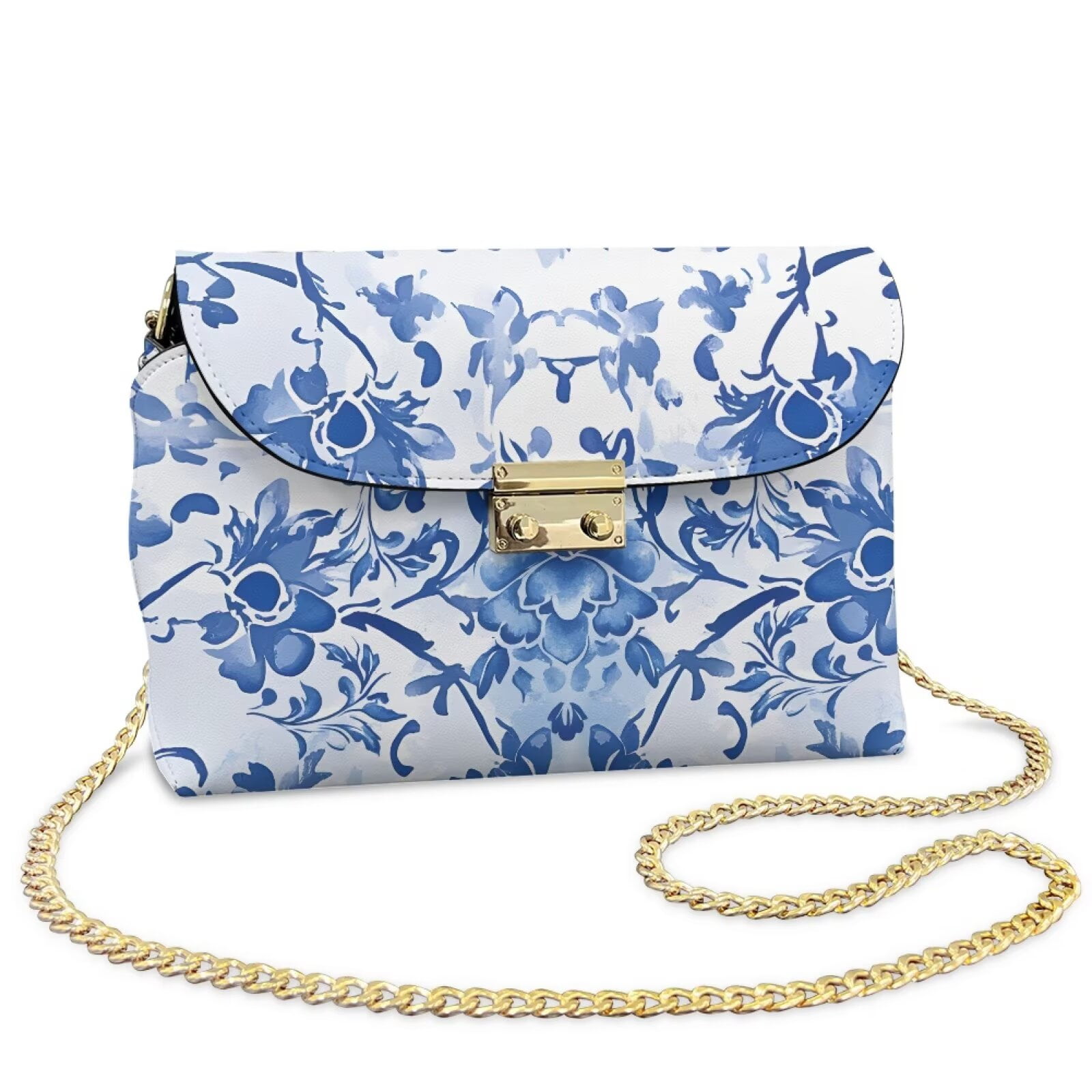 Pzuqiu Blue Flower Crossbody Bags Leather Women Versatile Soft Trendy Small Leather Crossbody Bags for Women with Chain Strap Fashion Craftsmanship for Daily Use