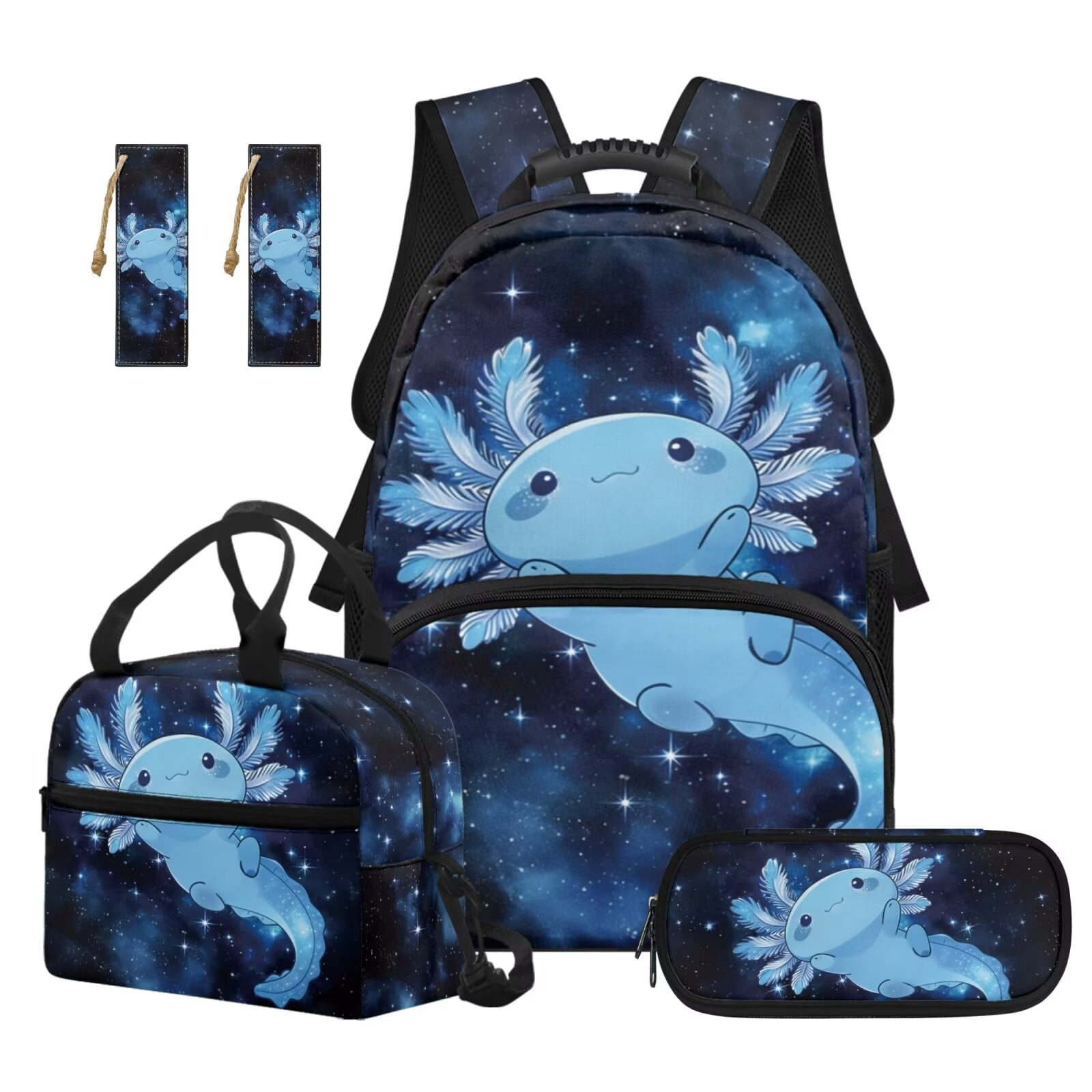 Pzuqiu Blue Galaxy Axolotl Backpack for Boys Girls Back to School Shoulder Bookbags,4 PCS Insulated Lunch Box Pencil Case 17 Inch Girls Schoolbag for Middle School Rucksack
