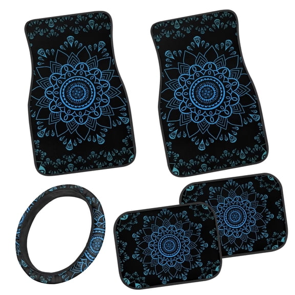 Pzuqiu Blue Mandala Car Floor Mats All Weather for Additional Protection Driver Seat, Car Steering Wheel Cover with Passenger Seat and Rear Floor Mats with Anti-Slip Pad Universal Fit Most Cars