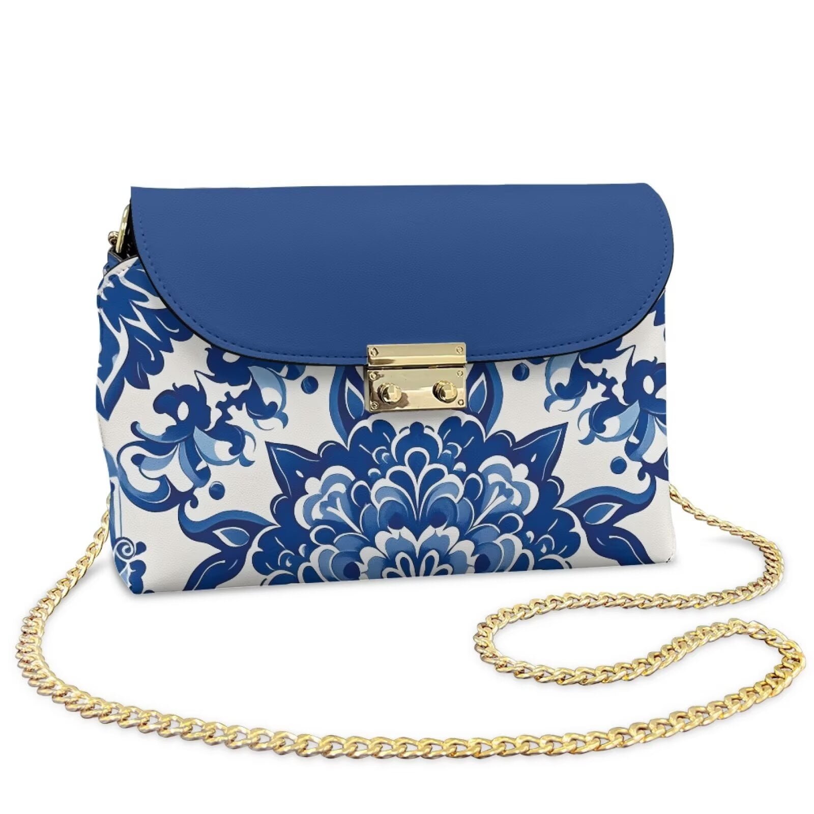 Pzuqiu Blue Mandala Leather Crossbody Bags for Women Trendy Soft Leather Quilted Shoulder Bag with Chain Strap Exquisite Practical Quilted Crossbody Purse for Women