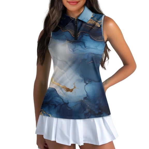 Pzuqiu Blue Marble Print Sleeveless Shirts for Women Athletic Golf Polo Shirts Size XS Comfortable Trendy Pullover Workout Tops Casual Outfits Fashion Clothing for Daily Wear