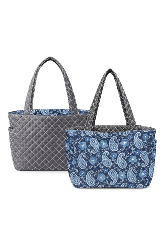 Blue Paisley Large Capacity Quilted Tote Bags for Women, Lightweight Grey Puffer Shoulder Handbags Vintage Casual Shopping Work Travel Bag for College Everyday Use