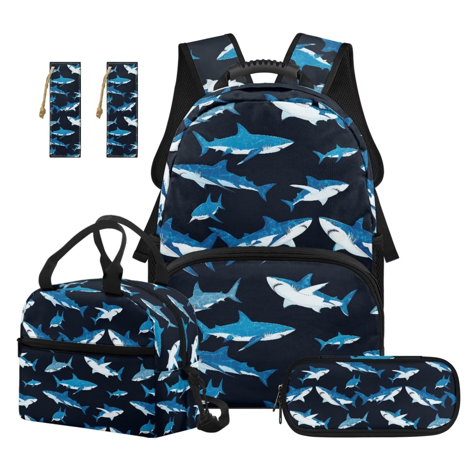 Pzuqiu Blue Shark Print Kawaii Backpack School Backpacks for Girls with Lunch Box Pencil Case 2pcs Bookmark 17 Inch School Backpacks for Kids Travel Rucksack Schoolbag Set of 4