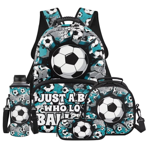 Pzuqiu Blue Soccer School Backpack for Boys 4 pcs Backpacks with Lunch Bag Pencil Box Set 17 Inch Large Travel School Bag for Boys Camping Bacpack Casual Daypack