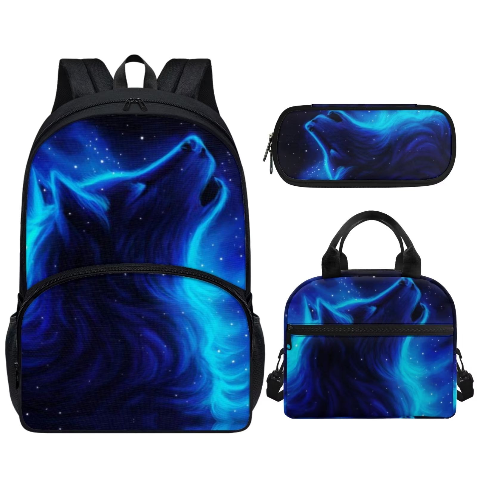 Pzuqiu Blue Universe Starry Wolf Bookbag 3 Pcs Set for Kids