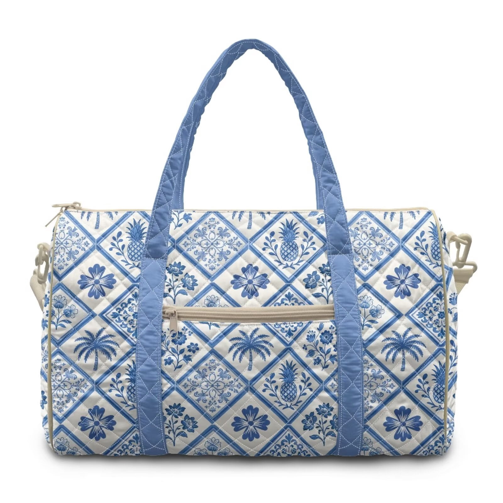Pzuqiu Blue White Tile Print Quilted Weekender Bag for Women Travel Bags with Multiple Compartments Large Puffy Travel Duffle Tote Lightweight Carry On Overnight Gym Bag