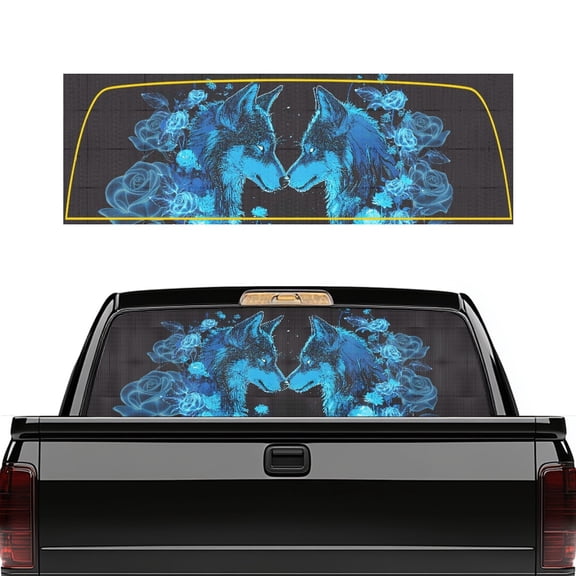 Pzuqiu Blue Wolves And Roses Pickup Truck Rear Window Decal 66.9" x 22.4", Vinyl Rear Window Graphics for Truck Exterior Decoration