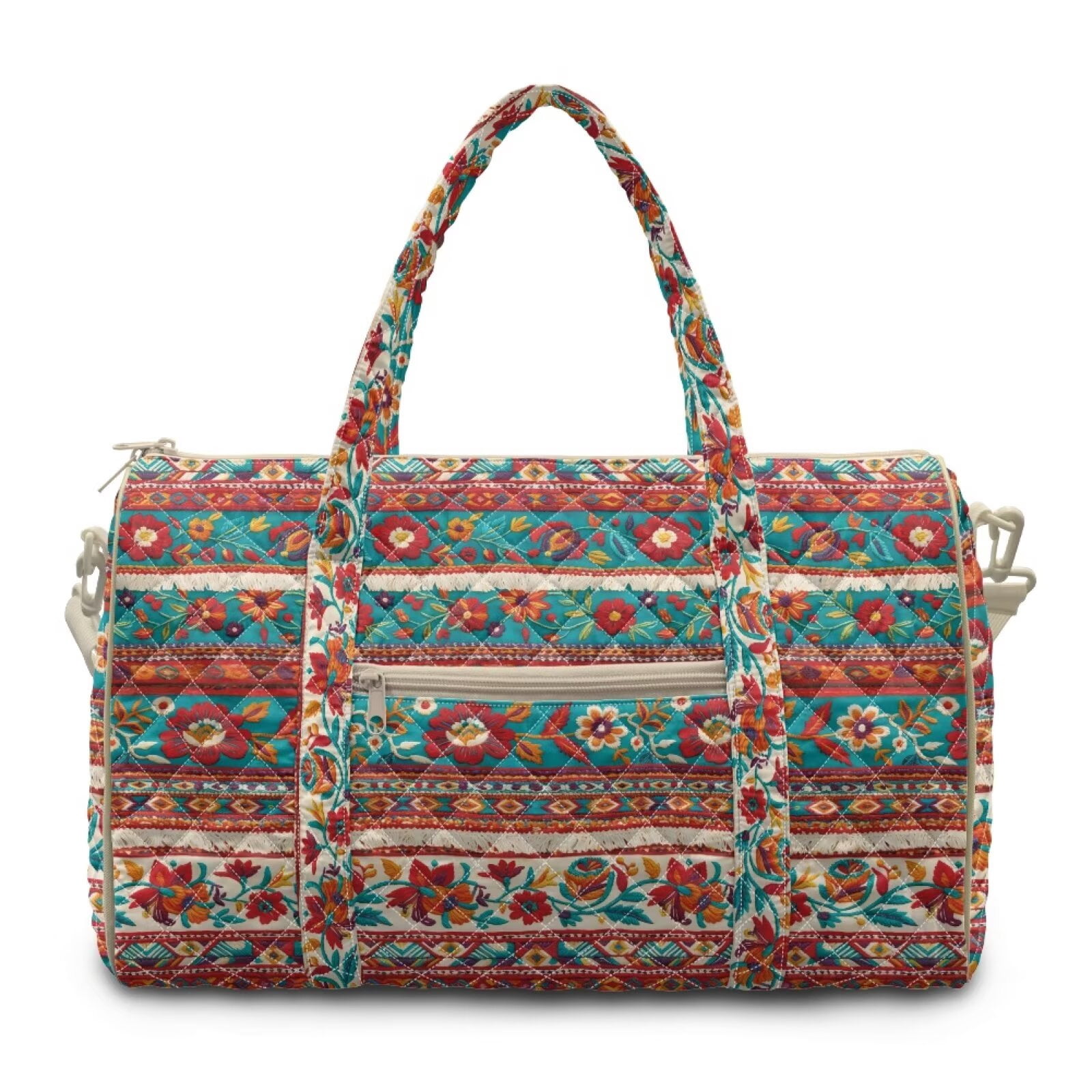 Pzuqiu Boho Floral Quilted Weekender Bag for Women Large Capacity Lightweight Travel Duffle Tote Carry On Overnight Gym Bag with Zipper and Luggage Sleeve Travel Tote Bags
