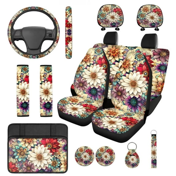 Pzuqiu Boho Flower Dahlia Car Seat Covers Full Set Steering Wheel Seatbelt Headrest Coasters Center Console Armrest Pad Keychain 14 Pieces Interior Vehicle Accessories for Daily Travel Athletic Use