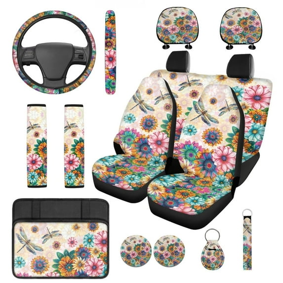Pzuqiu Boho Flower Dragonfly 14 Pcs Interior Set Front Rear Seat Covers for Cars Steering Wheel Seat Belt Headrest Coasters Center Console Cushion Pad Key Chain Decorative Universal Fit Most Auto