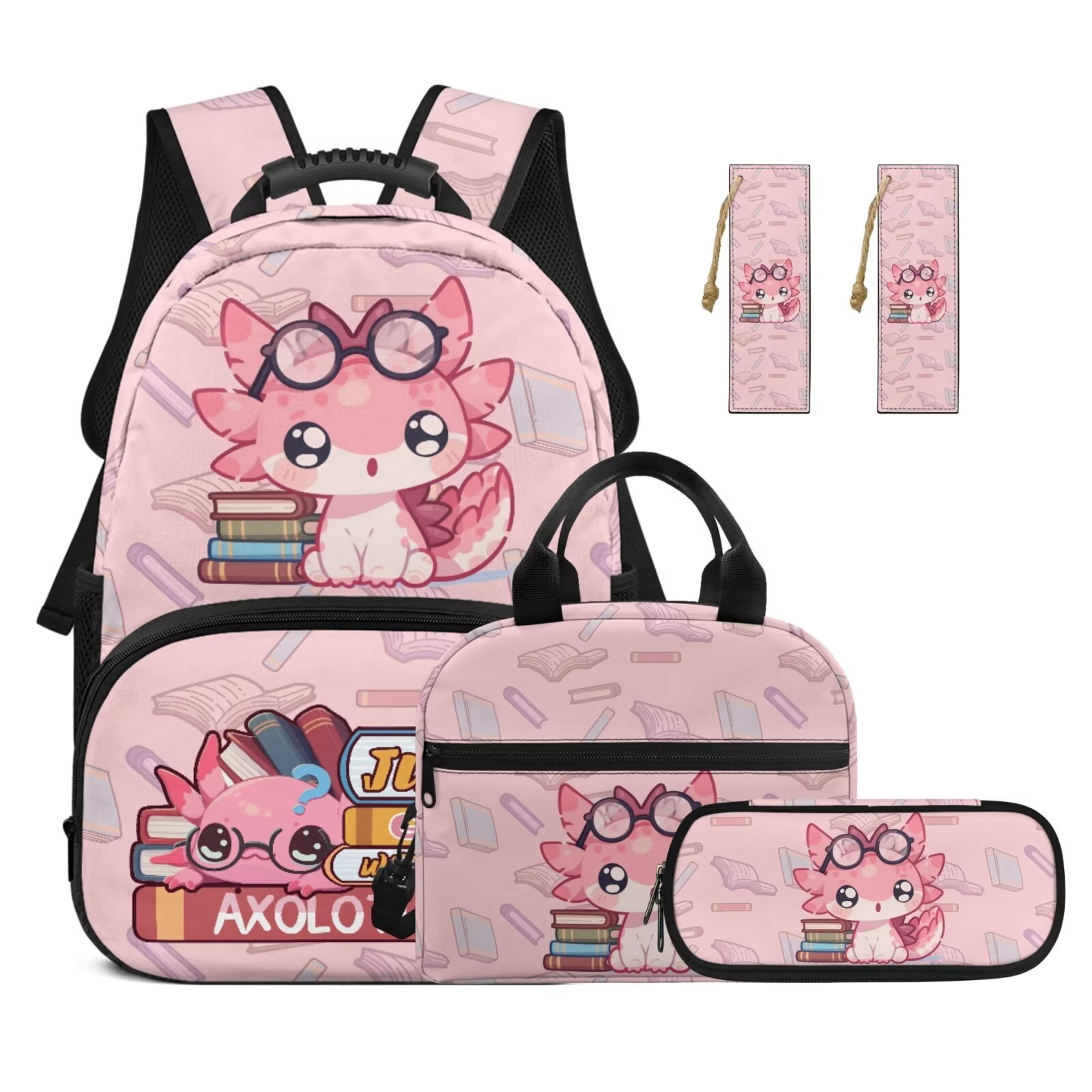 Pzuqiu Book Axolotl Girls Backpack Set of 4 17 Inch School Bookbag Purse with Reusable Lunch Tote Bag Pencil Case 2pcs Bookmark for Kids Elementary Middle Schoolbags
