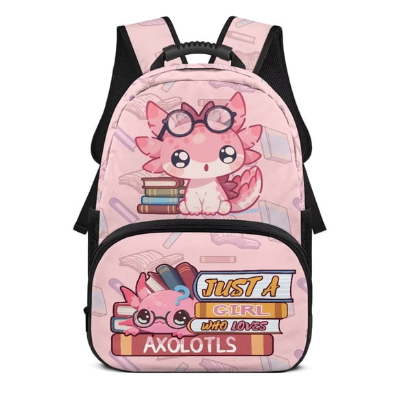 Pzuqiu Book Lover Axolotl Kids Backpack for Ages 6-14 Elementary School Students with Adjustable Straps Large Capacity 17 Inch Bookbag for Back to School Outdoor Activities