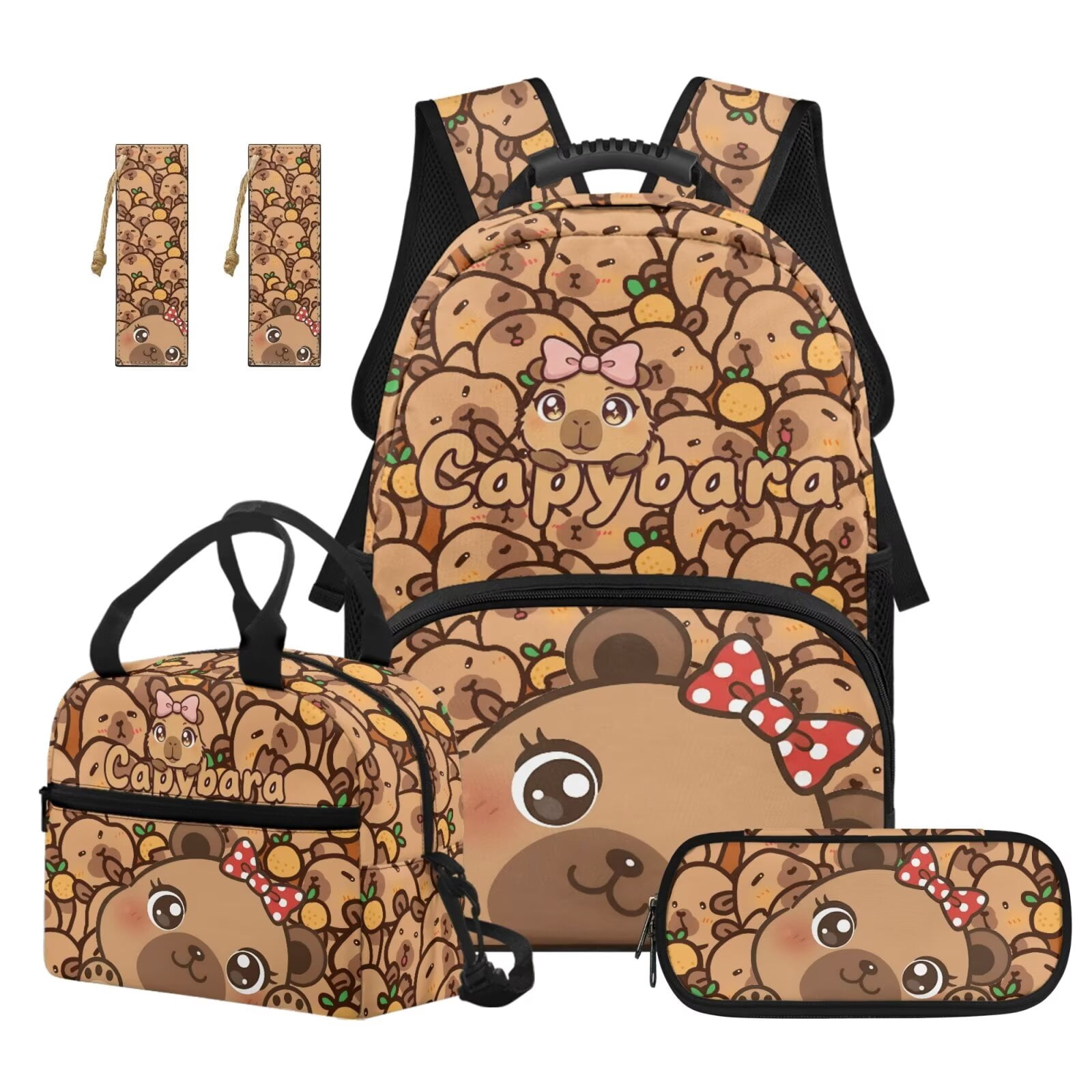 Pzuqiu Bow Capybara Kawaii Backpack School Backpacks for Girls Kids 17 Inch Backpacks with Lunch Box Pencil Bag 2pcs Bookmark,Cute Travel Rucksack for Kids Middle School