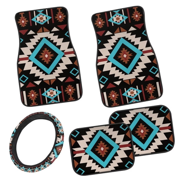 Pzuqiu Brown Aztec Print Automotive Floor Mats Easy Installation All Weather Vehicle Steering Wheel Protector Car Mats Set Dust Proof Car Interior Accessories Fashion for SUV, Vans,Sedan,Truck 5 Pcs