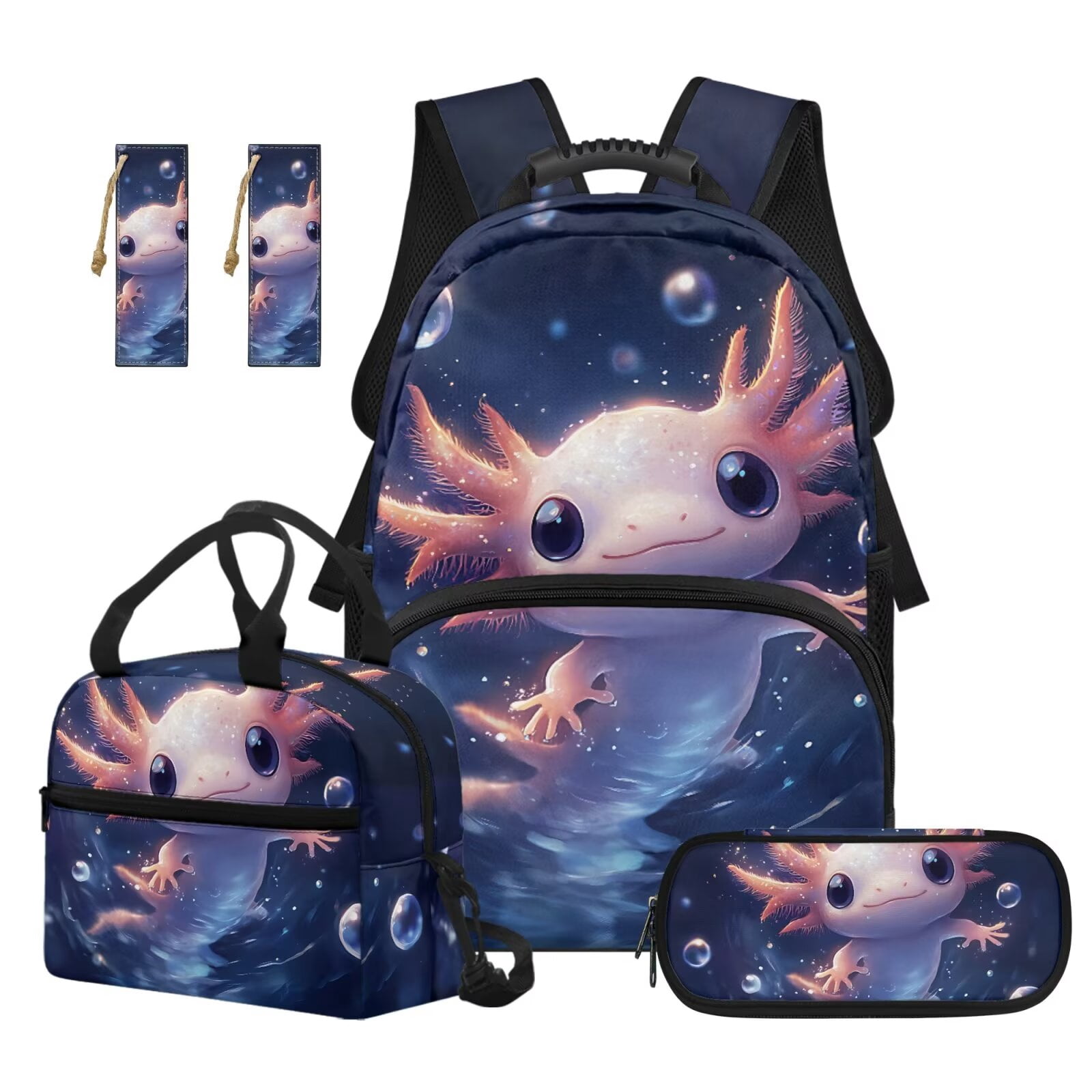 Pzuqiu Bubble Axolotl School Backpacks for Teen Girls with Lunch Box Pencil Case 2pcs Bookmark Kawaii Rucksack Travel Schoolbag Sport Bookbag for Kids 8-12 Middle School