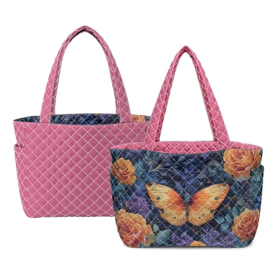 Pzuqiu Butterfly Flower Large Quilted Tote Bag for Women,Carryall Handbag with Pockets, Soft Lightweight Trendy Puffer Handbag for Work, Travel, School, Everyday Use