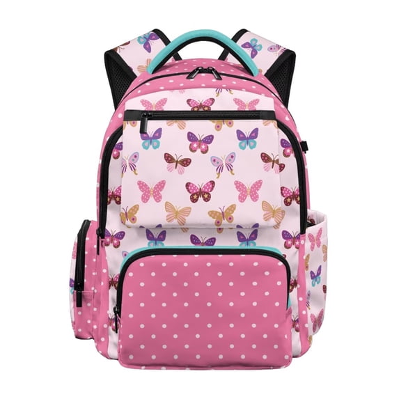 Pzuqiu Butterfly Polka Dot 17 Inch Backpack for Kids Girls Shoulder Bookbags Casual Laptop Backpacks with Adjustable Shoulder Strap Breathable for School Hiking Travel Age 6-18