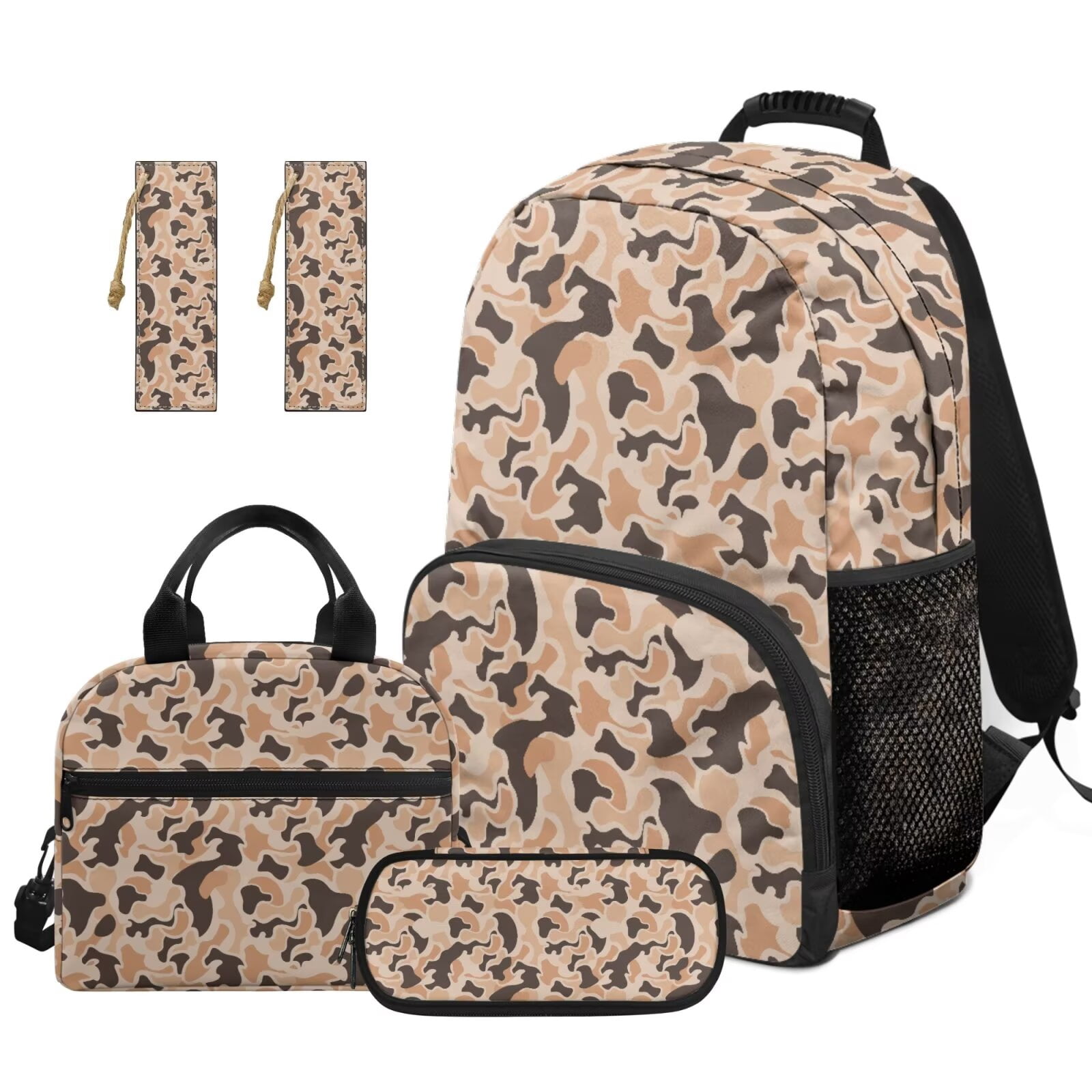 Pzuqiu Camo Back Pack for School 17 Inch Girls Backpack with Lunch Box Pencil Case 2pcs Bookmark Kids Backpacks Lightweight Casual Travel Daypack for Kids,4pcs