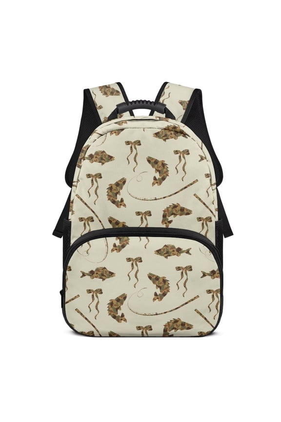 Camo Bass Fish Bow Kids Backpack 17 Inch for Ages 6-18 Boys Girls Elementary Middle High School Students Large Capacity Breathable Schoolbag for Back to School Travel