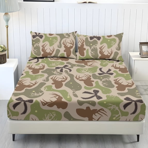 Pzuqiu Camo Deer Bow 3 Piece Bed Sheet Set with 2 Pillowcases,Easy Care,Elastic Deep Pocket Design,Full Size Bedding Fitted Sheet, Great for Rental, Apartment with 2 Pillowcases