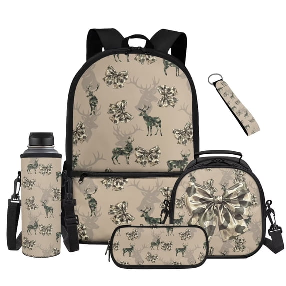 Pzuqiu Camo Deer Bow Backpack Set for Girls 8-10 with Lunch Box, Water Bottle Pouch,Pencil Bag & Keychain Set of 5, 17 Inch Large Capacity Schoolbag Lightweight Bookbag for Back to School Gifts