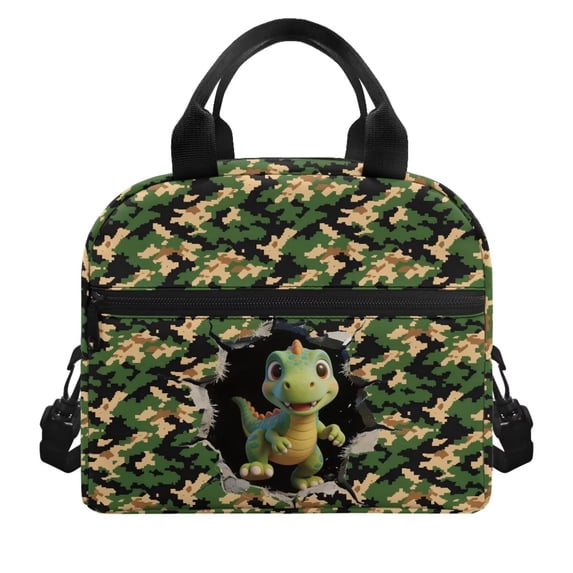 Pzuqiu Camo Dinosaur Print Reusable Lunch Bag for Boys Kids, Thermal Insulated Meal Tote Spacious Leakproof Durable Lunch Box with Adjustable Shoulder Strap for School Picnic