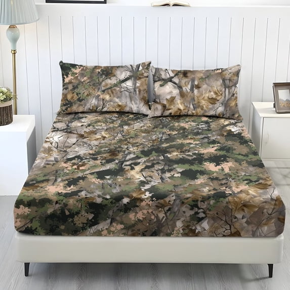 Pzuqiu Camo Hunting 3 Piece Bed Sheet Set with 2 Pillowcases,Easy Care,Breathable Wrinkle Resistant,Twin Size Elastic Deep Pocket Bedding Set, for Hunting Lodge Bedroom Decor
