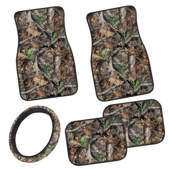 Pzuqiu Camo Hunting Automotive Floor Mats with Vehicle Steering Wheel Cover Anti-Slip Pad Driver Seat, Passenger Seat and Rear Floor Mats Removable Universal Car Accessories Decoration