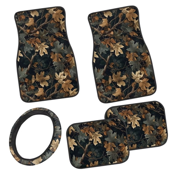 Pzuqiu Camo Hunting Car Floor Mats Car Steering Wheel Cover Full Set Easy to Install 5 Piece Car Floor Mats All Weather with Anti-Slip Pad Removable Automotive Accessories for Car