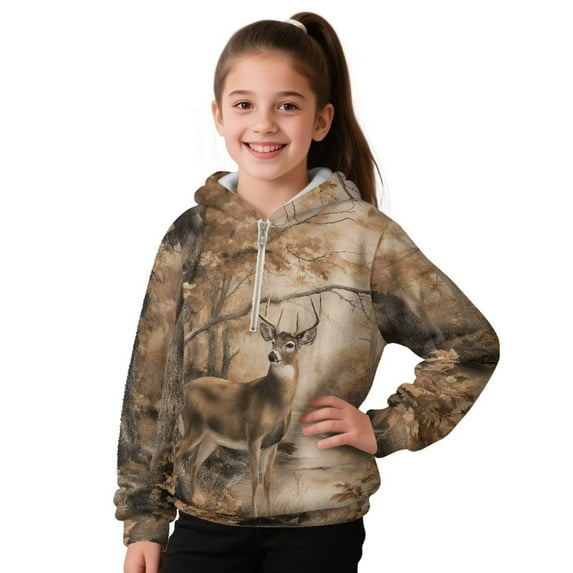 Pzuqiu Camo Hunting Deer Boy's Hooded Sweatshirts Unique Design Comfortable Long Sleeve Kids Warm Fleece Fall Outfits Fashion Clothing Casual Clothes for Boys 4-5