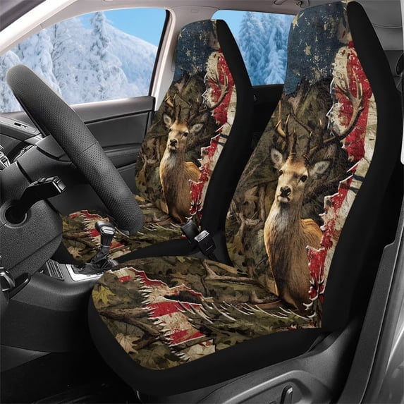 Pzuqiu Camo Hunting Deer Car Seat Cover Front Warm Soft Car Seats Covers Front Seats Only Easy Installation Easy to Clean Auto Interior Covers Full Coverage Compatible with Cars SUV
