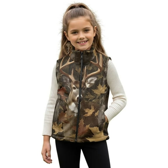Pzuqiu Camo Hunting Deer Kid Outerwear Vest 9-10 Toddler Boy Clothes Comfortable Zipper Winter Sleeveless Jacket with Pockets Warm Soft Outerwear Jacket for Kids and Toddlers