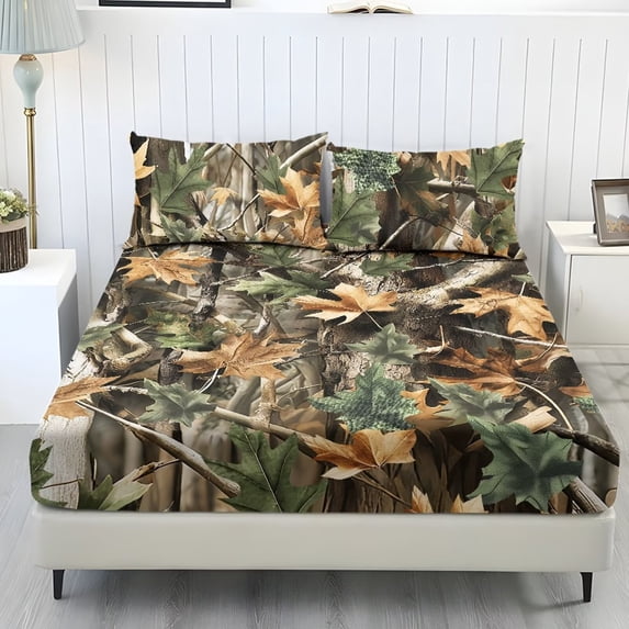 Pzuqiu Camo Hunting Fitted Sheet Set Deep Pocket Bed Sheet Set 3 Piece,Breathable Bed Sheets,Small Single Size Bedding Fitted Sheet,with 2 Pillowcases,for Hot Sleepers Elastic Deep Pocket