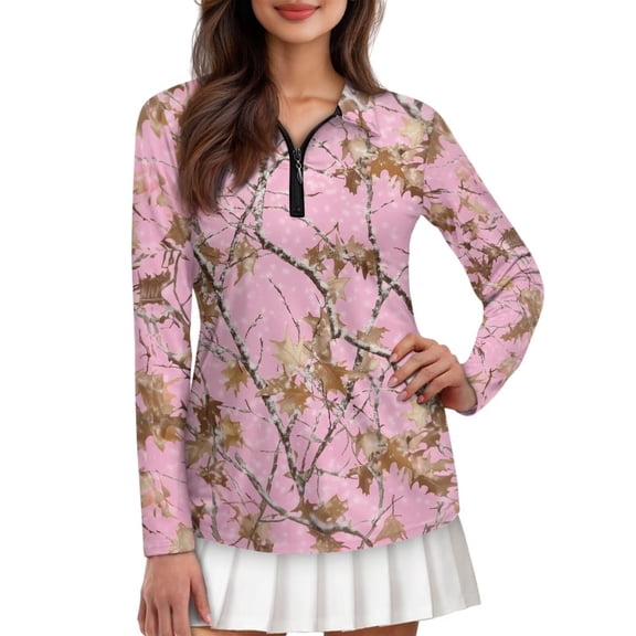 Pzuqiu Camo Hunting Tree Workout Tops for Women Size M Breathable Long Sleeve Shirts Quarter Zip Practical Collared Athletic Golf Shirts Personalized for Daily Casual Wear