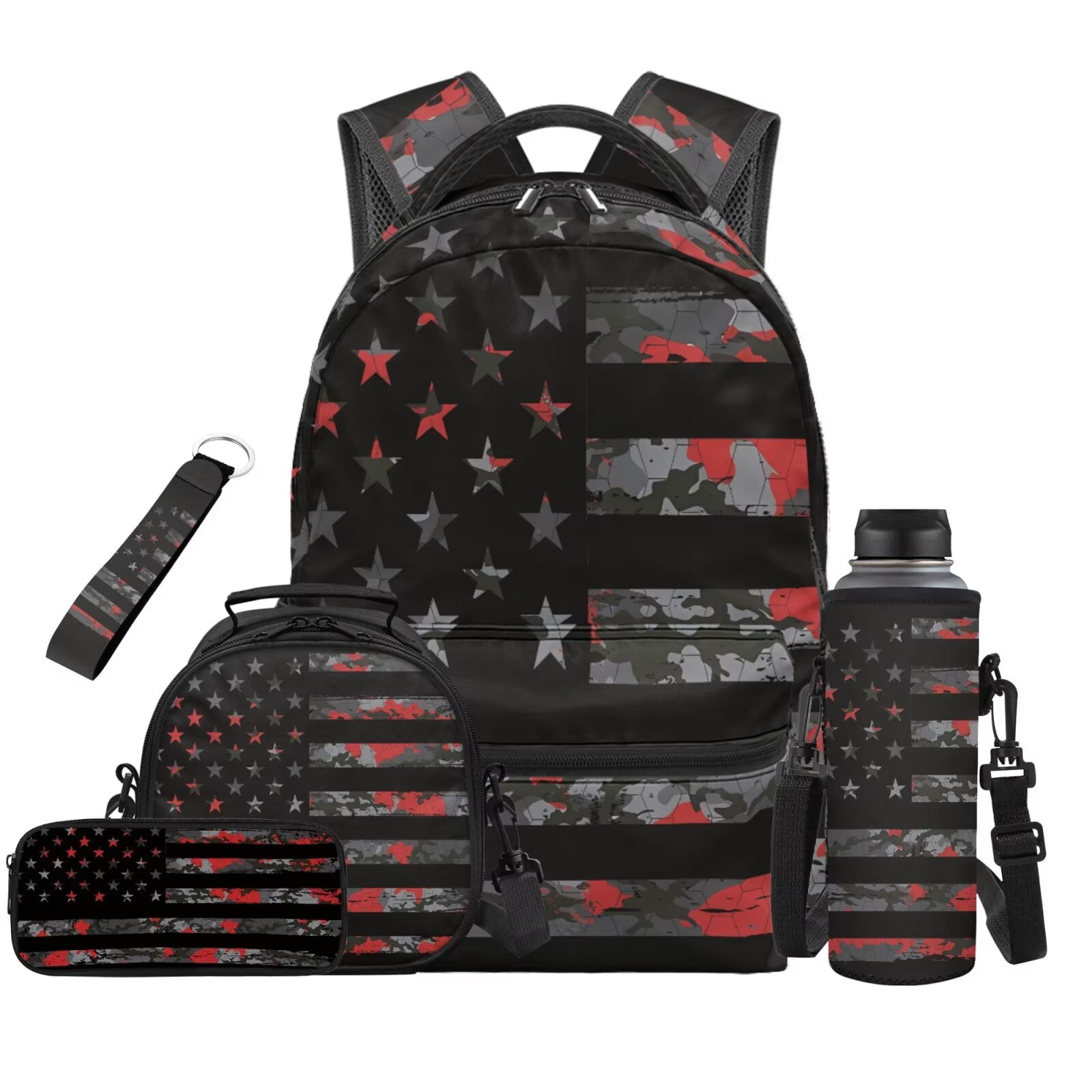 Pzuqiu Camo US Flag Kids School Bags Set of 5 Backpack for Boys Travel Bag with Adjustable Shoulder Strap Bookbag with Lunchbox Pencil Case Water Bottle Bag