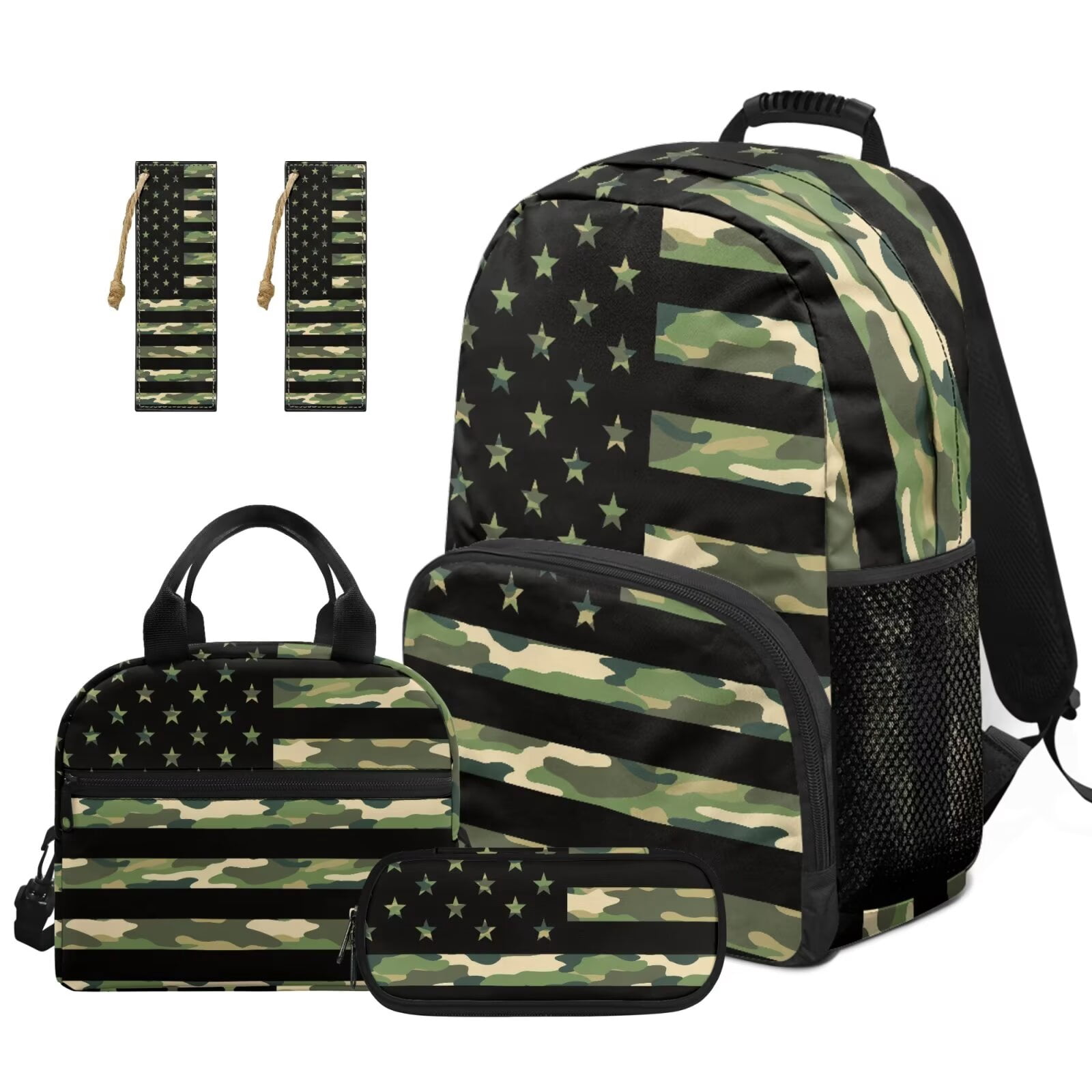 Pzuqiu Camouflage American Flag Backpack for School Kawaii Back Pack with Lunch Box Pencil Case 2pcs Bookmark, 4pcs Large Capacity 17 Inch Student Bag Backpacks for Middle School