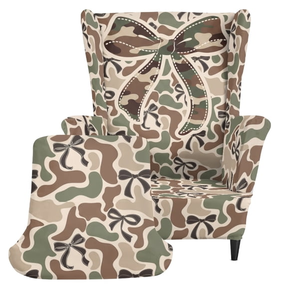 Pzuqiu Camouflage Bow Print Wingback Chair Cover for Kids, Scratch-Resistant Wingback Chair Slipcover Polyester Spandex Blend Wingback Armchair Cover for Home