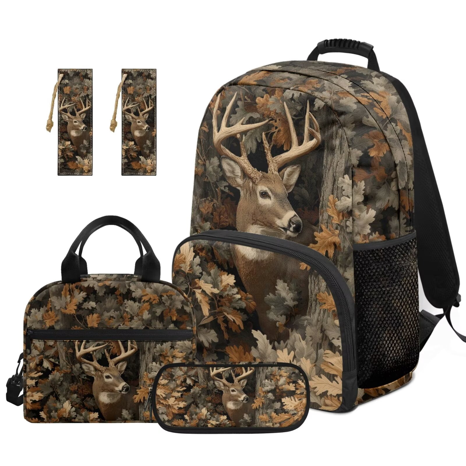 Pzuqiu Camouflage Deer School Backpack for Kids Backpacks Girls Backpack with Lunch Box Pencil Bag 2pcs Bookmark 4 pcs Bookbag for Elementary School Large Travel Back Pack