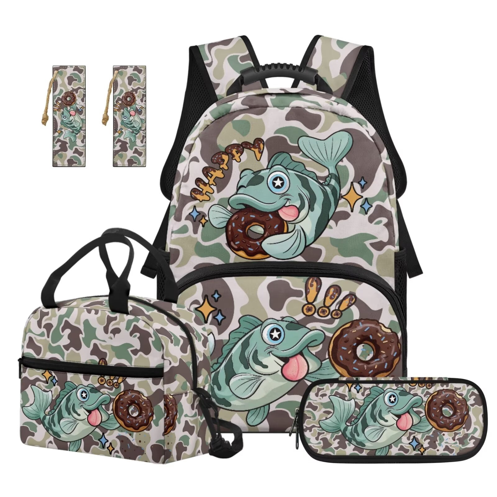 Pzuqiu Camouflage Fish Backpack for Girls with Lunch Box Pencil Case Kids Backpack Set of 4 School Bag for Boys 17 Inch Large Capacity School Bookbag Lightweight Travel Daypack