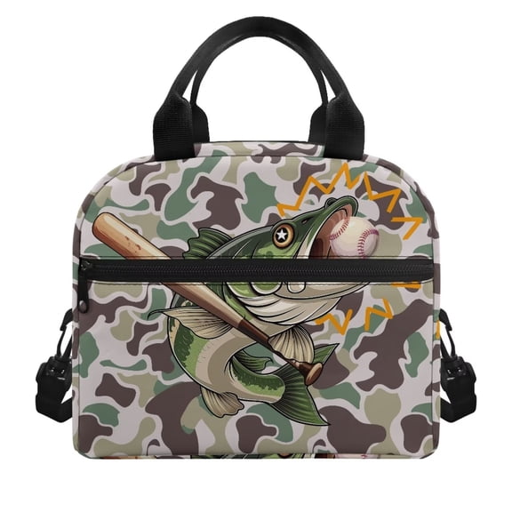 Pzuqiu Camouflage Fish Baseball Large Capacity Lunch Tote for Men Boys, Thermal Insulated Leakproof Food Storage Bag with Adjustable Strap, Reusable for Work Camping Fishing