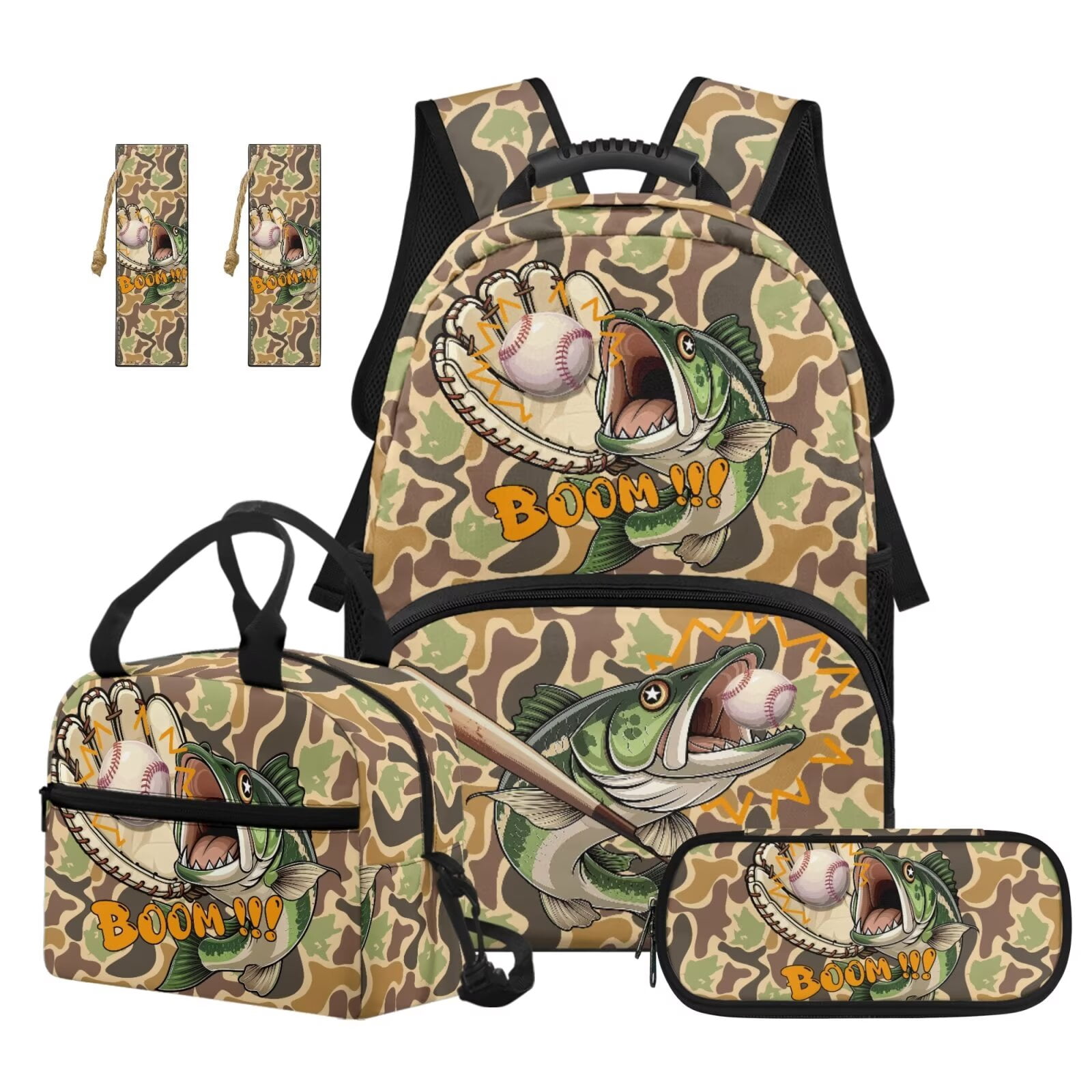 Pzuqiu Camouflage Fish School Backpack Set for Girls 4 Pcs Bookbag with Lunch Bag Lightweight Back Pack for Middle School Backpack for Boys 17 Inch Kids Schoolbag Set