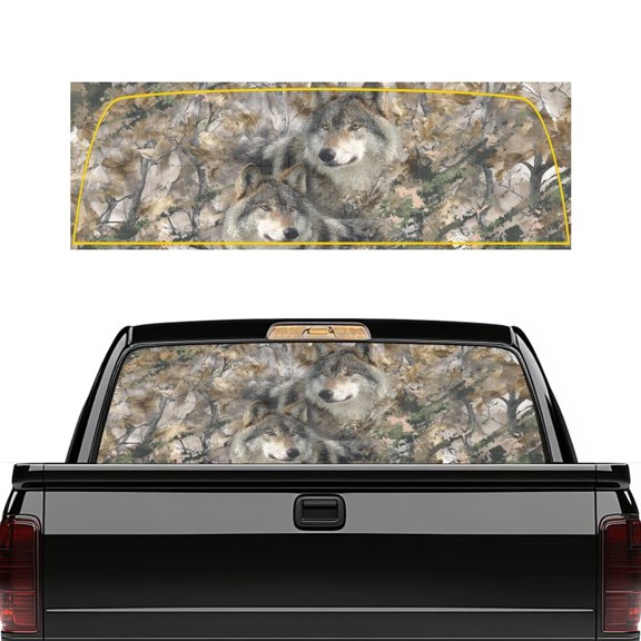 Pzuqiu Camouflage Wolves Print Perforated Vinyl Rear Window Decal 66.9 x 22.4 Inch, UV Resistant See-Through Sticker for Pickup Trucks, Cars and Outdoor Style