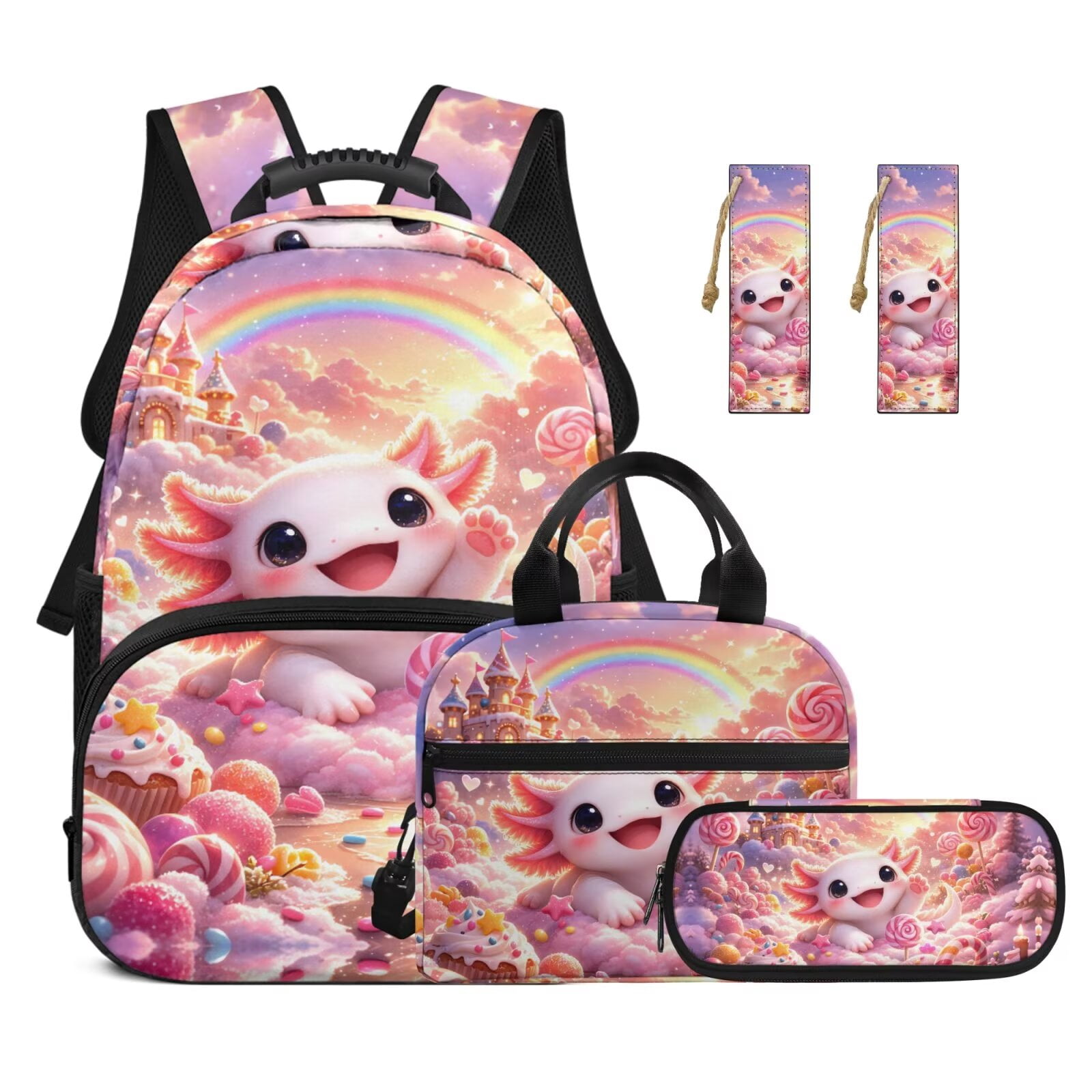 Pzuqiu Candy Axolotl Girls Backpack School Backpacks with Lunch Bag Pencil Case 2pcs Bookmark for 10-12 Kids 17 Inch Bookbag 4 Pcs School Bag Set Lightweight Laptop Backpack