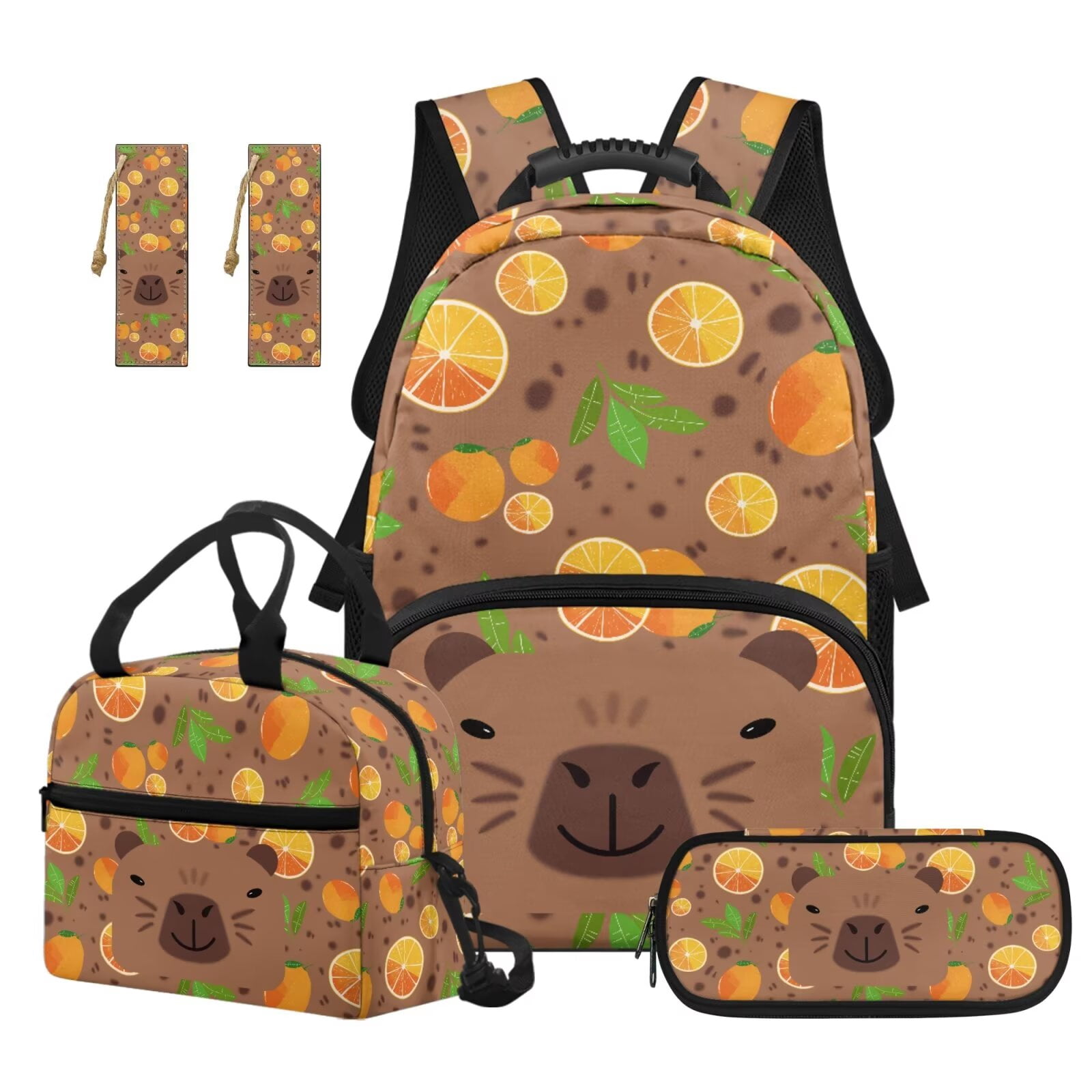 Pzuqiu Capybara Orange Girls Backpack with Lunch Box Pencil Case 2pcs Bookmark Back Pack for School Girls Kids 17 Inch Backpacks Kawaii Casual Travel Daypack for Kids,4pcs