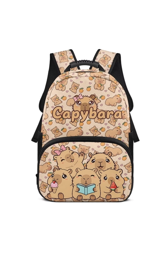 Capybara Print Elementary School Backpack for Kids Ages 6-12 17 Inch Lightweight Book Bags with Adjustable Straps Large Capacity Back to School Essential for Boys Girls