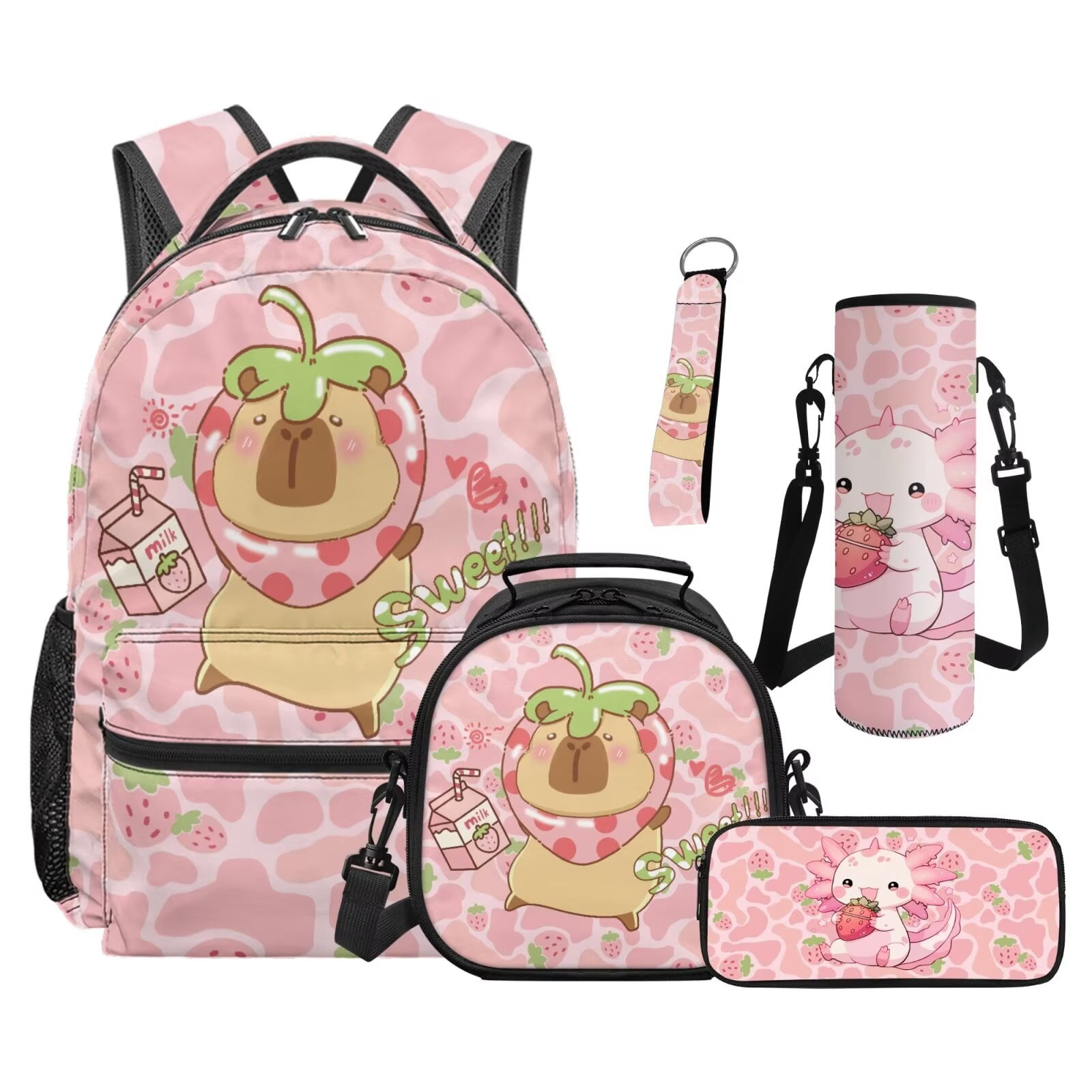 Pzuqiu Capybara Strawberry Back Pack for School Girls Backpacks for Teens Girls Backpack with Lunch Bag Pencil Case Water Bottle Holder Bag Large Shoulder Strap Rucksack