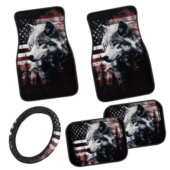 Pzuqiu Car Floor Mats Car Steering Wheel Cover Full Set Wolf US Flag Rubber Non-Slip Easy to Install Full Set Front & Rear Floor Mats for Additional Protection Car Mats Full Set 5 Pcs
