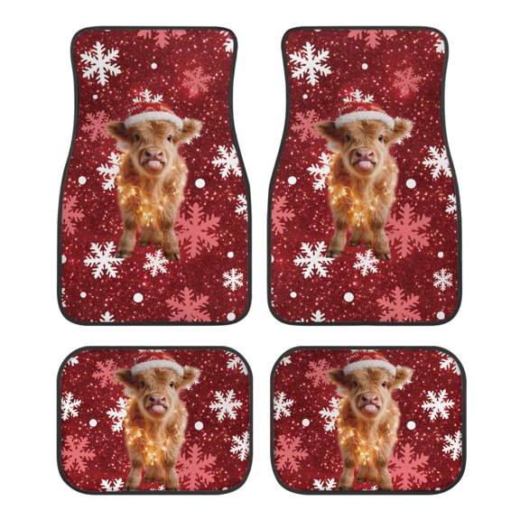 Pzuqiu Car Floor Mats Non-Slip Full Set Car Mats Knitted Fabric Durable Auto Protection, Fit for Trucks SUV Cars, Red Snowflake Cow