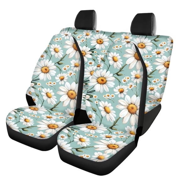 Pzuqiu Car Front & Rear Seat Covers Full Surround Full Set Car Seat Covers Polyester Fabric Anti-Slip Stretchy, Fit for Trucks SUV most Cars, Daisies