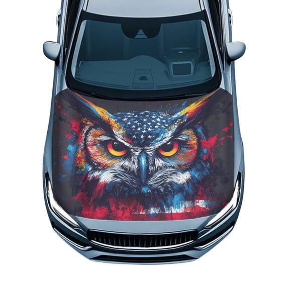 Pzuqiu Car Hood Cover American Flag Owl Print Anti-Fade Swimsuit Fabric, UV Resistant Removable Car Hood Cover Protector for Van Truck Trucks